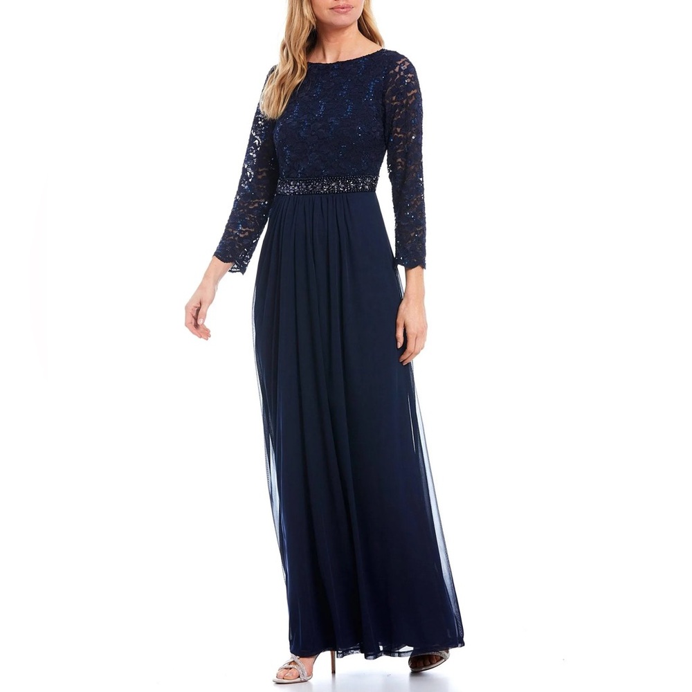 NWT MARINA Lace Bead & Sequin Three-Quarter Sleeve Gown Size 14 navy blue